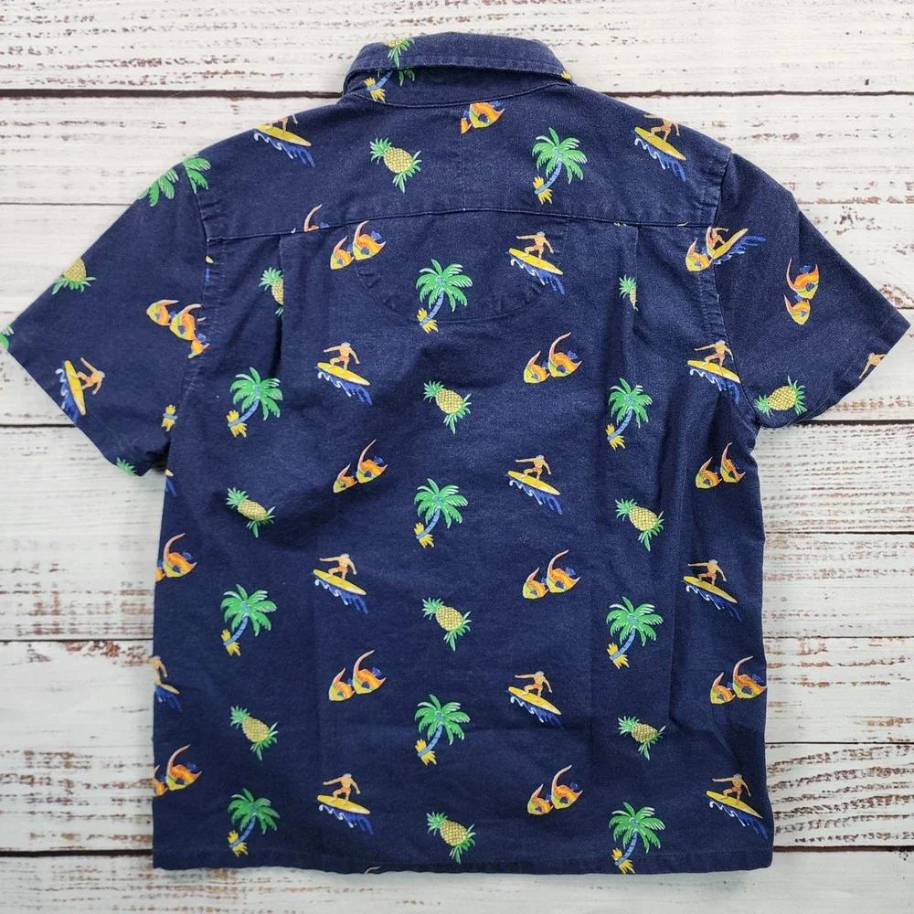 Ralph Lauren‎ Boys Navy Blue Cotton Surfer Pineapple Palm Tree Shirt M